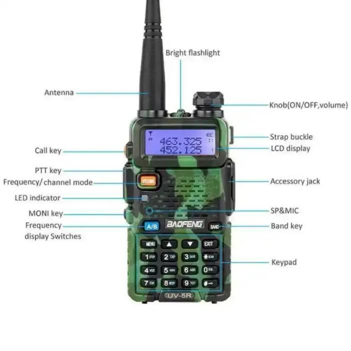 Rádio Walkie-Talkie Baofeng UV-5R FM VHF/UHF com Dual Band, Visor, Modo de Espera e Relógio Integrado (Fone de Ouvido Incluso, Camuflado)