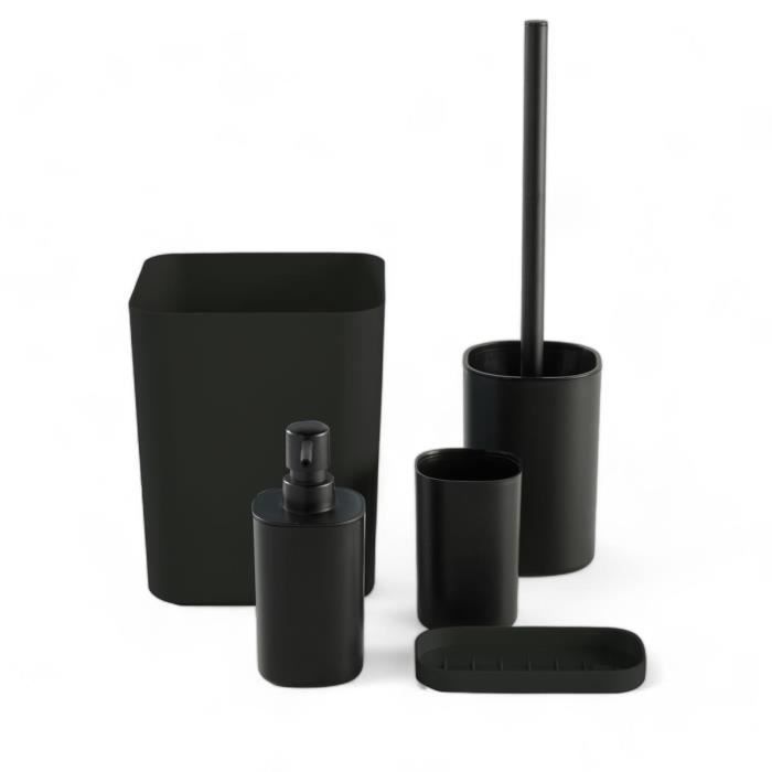5-teiliges Badezimmer-Accessoire-Set – TODAY – UTILITY – Seifenspender, Zahnbürstenhalter, Seifenschale, WC-Bürste, Abfalleimer – Schwarz