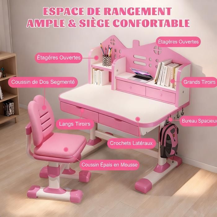 Escritorio y silla de estudio infantil – FIANAO – Altura regulable, escritorio de 105 × 72,5 cm, silla ergonómica, almacenamiento deslizante – Rosa