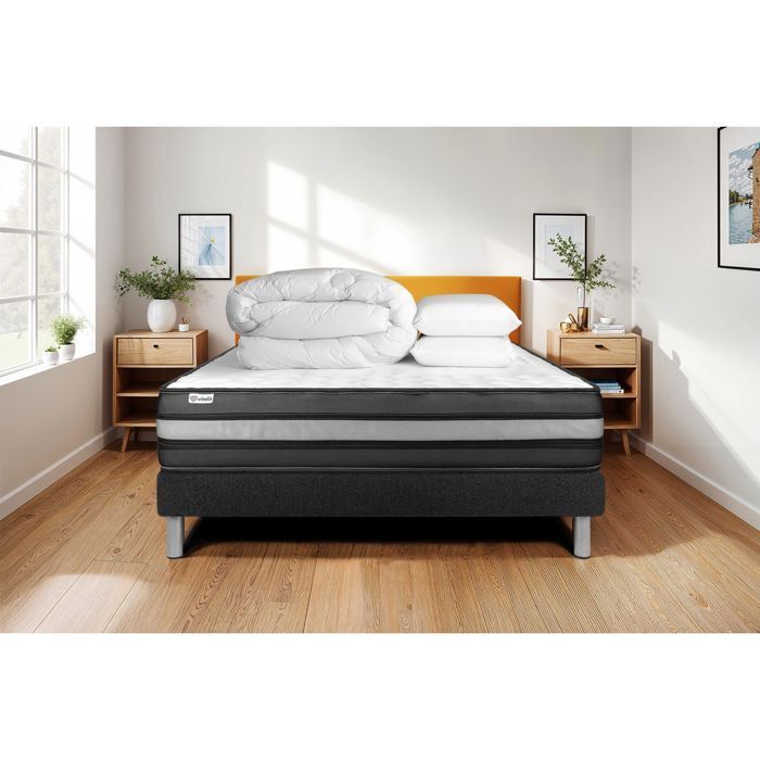 Juego de cama completo de 180x200 cm - Colchón + Base de cama negra (requiere montaje) + 2 almohadas + Edredón - Vital Power Zen Negro