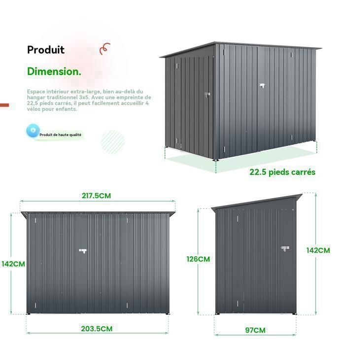 YODOLLA Abri de Jardin Métal 2,65 m²,  3 Portes Coulissantes, Toit Incliné, pour vélos/moto- 225x118x170 cm  - Gris