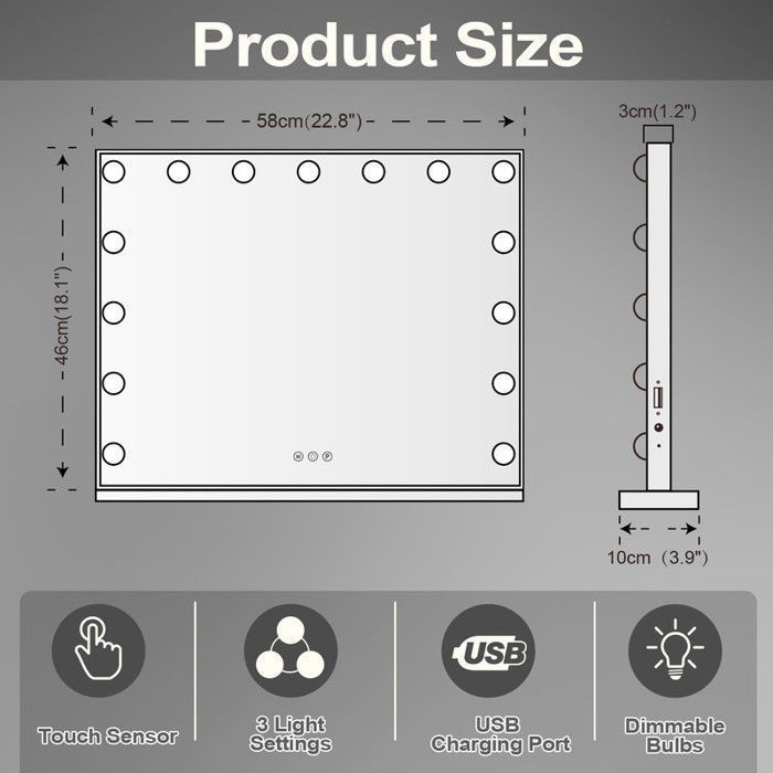 Espejo de maquillaje FENCHILIN Hollywood con 15 luces LED / Tres luces ajustables / Puerto de carga USB / Aumento de 10x / Blanco 58 x 46 cm