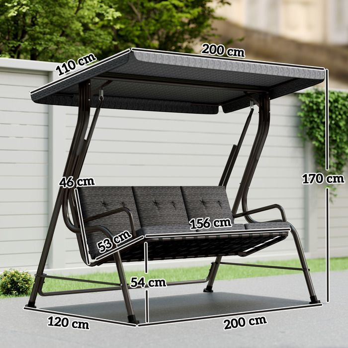 Altalena da giardino - Outsunny - 3 posti, comfort extra, tettuccio reclinabile, cuscini - acciaio - grigio/nero