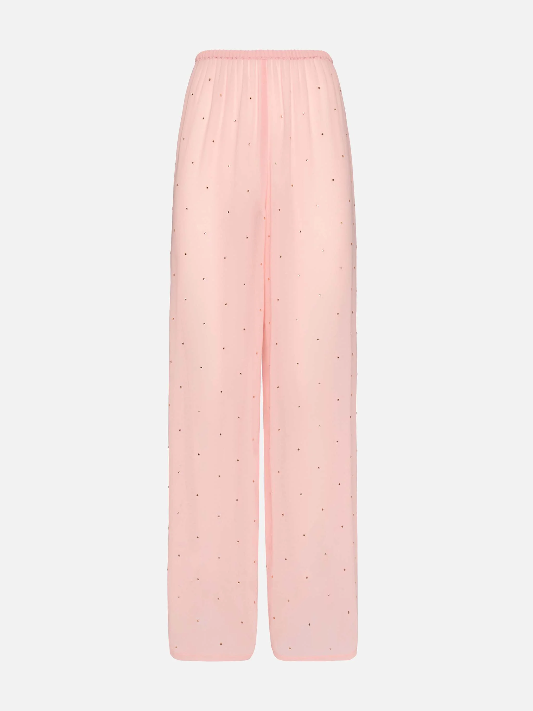 Amalia broek met wijde pijpen in roze georgette met strass-steentjes