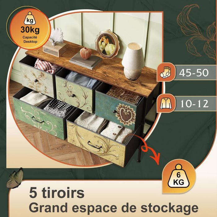 Commode de chambre, 5 tiroirs, Pieds réglables, motif floral, Style artistique rétro, 100 x 30 x 55 cm, Multicolore