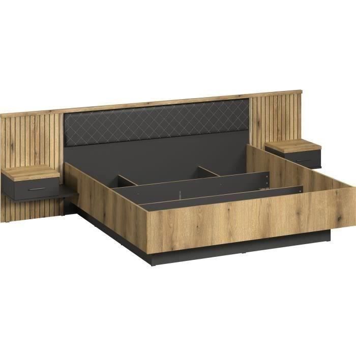 Cama com mesas de cabeceira e iluminação indireta - ESTEBAN - 180 x 200 cm - Carvalho claro / Antracite - TRENDTEAM