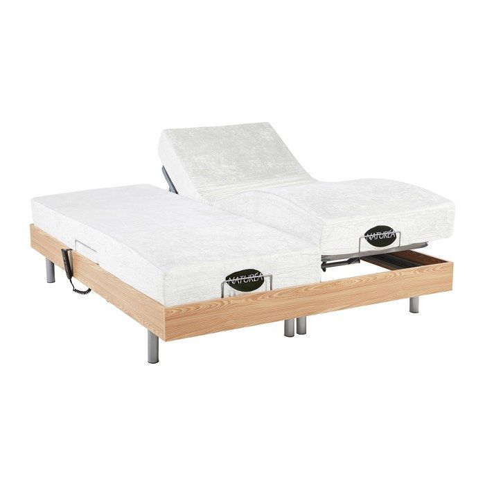Cama eléctrica de relajación con base de láminas + colchón de espuma viscoelástica y bambú - 2 x 90 x 200 cm - Roble - LYSIS III de NATUREA