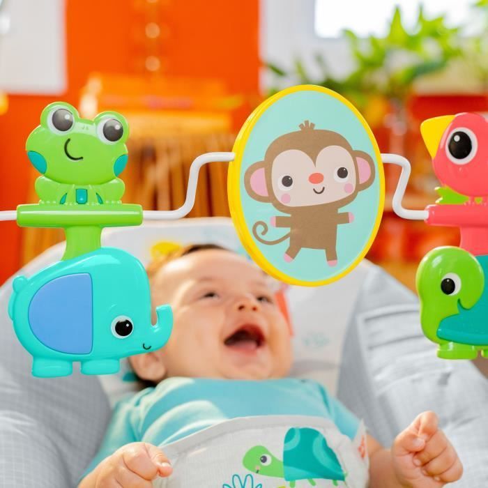 BRIGHT STARTS Transat pour bébé Animaux, Vibrations apaisantes, Arche d'éveil avec jouets interactifs, cadeau bébé