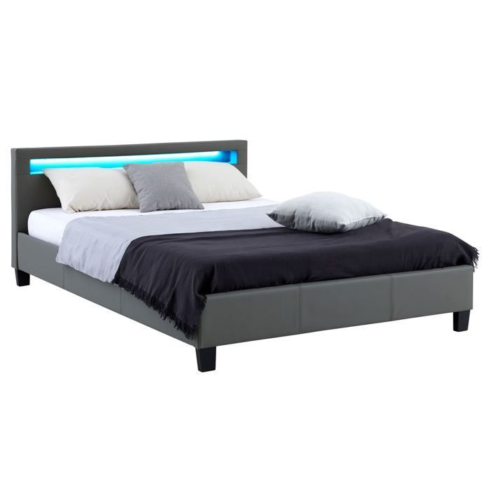 Cama doble LED de 140x190 cm con somier de láminas, cabecero cómodo, cama individual con tapicería sintética gris, PINOT