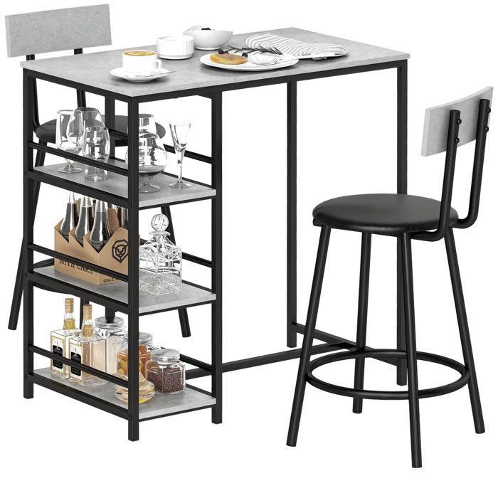 Mesa de bar con 2 taburetes - HOMCOM - estantes de almacenamiento - para comedor, cocina - gris y negro