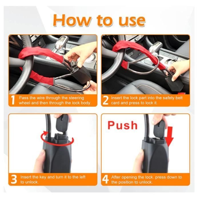 Car Anti-Theft Steering Wheel Lock, Anti-Auto Security, Universal Protection for SUVs, Robust Fit, 2 Keys (Red)