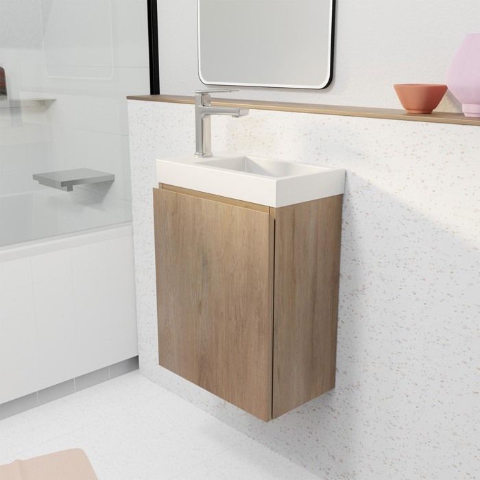 Mueble de baño básico con acabado en madera, 40x50x22 cm, con lavabo SMC blanco.