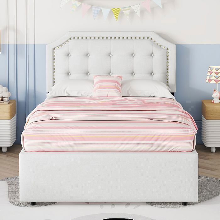 Letto singolo 90x200 cm per adulti con 2 cassetti, comodino imbottito con rivetti decorativi - SWEIKO - Beige chiaro