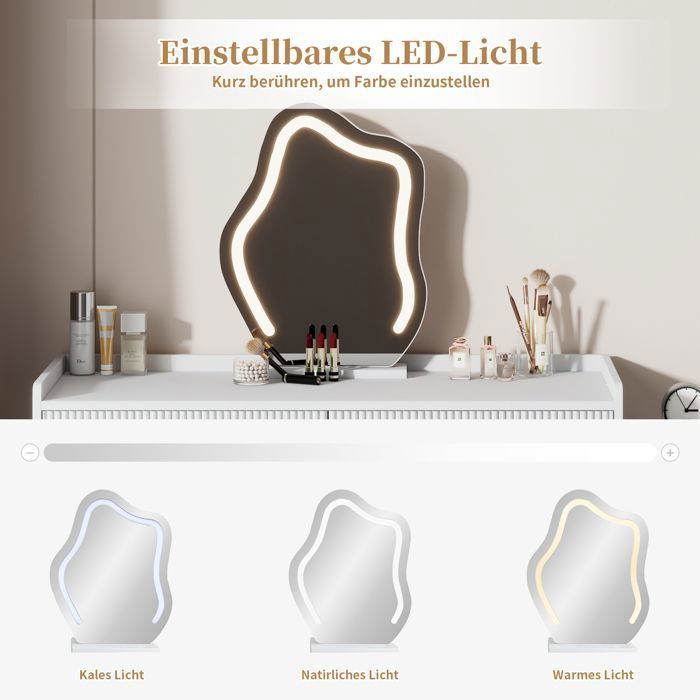 Toeletta con specchio a LED - LEMONBEST - 100 x 40 x 75 cm - 3 cassetti - LED touch-sensitive (3 faretti) - Bianco