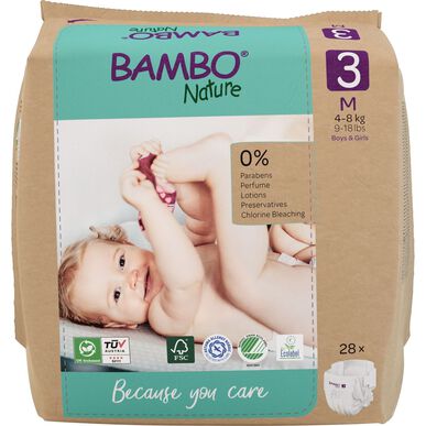Ekologické pleny Bambo Nature pro chlapce a dívky s 0% parfemací, velikost 3, 4-8 kg, 168 kusů.