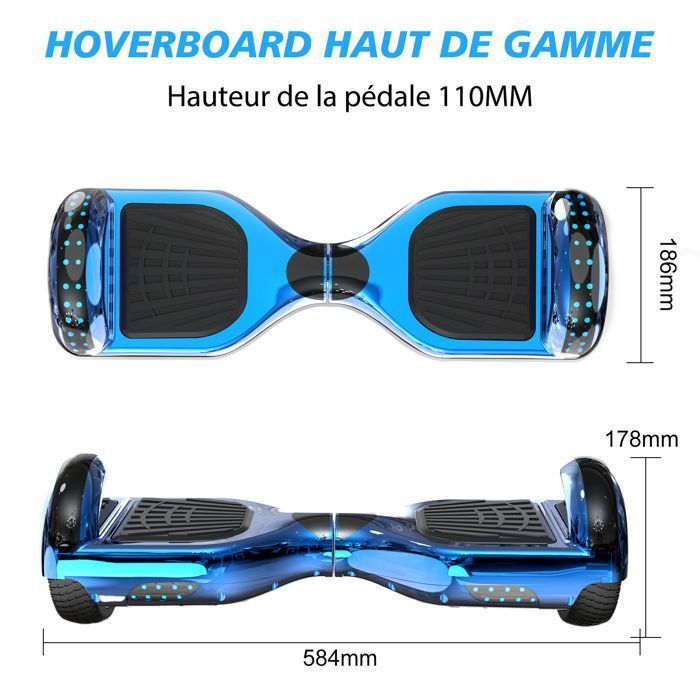 Hoverboard 6.5 Pouces avec Bluetooth et LED - RCB - Cadeau Parfait pour les Enfants Bleu Chromé