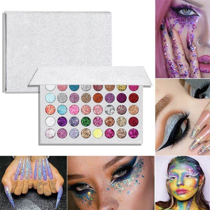Palette de 40 fards à paupières métallisés à paillettes et sequins. Bonne pigmentation. Maquillage pour femmes.