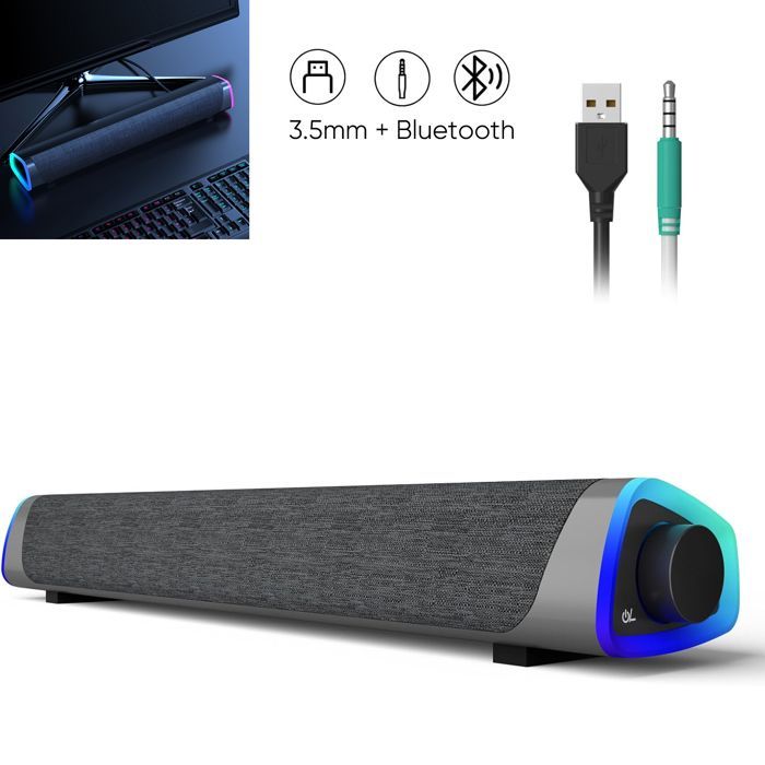 Altavoz para PC, altavoz autoamplificado para ordenador, entrada AUX de 3,5 mm, Bluetooth 5.0, luces LED, barra de sonido para PC, portátil y smartphone.