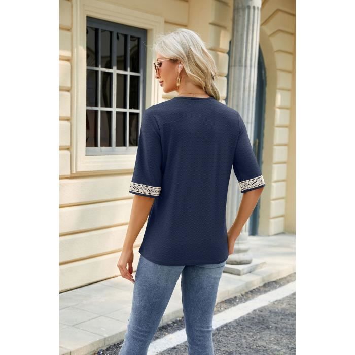 T-shirt estiva da donna a maniche corte con scollo a V e pizzo, vestibilità comoda e rilassata, colore a contrasto - Taglia UE - Blu