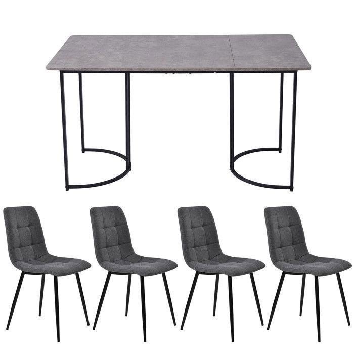 Conjunto de mesa de jantar de 140×80 cm com 4 cadeiras - Conjunto moderno de mesa e cadeiras para cozinha/sala de estar - Cadeiras em linho cinza escuro