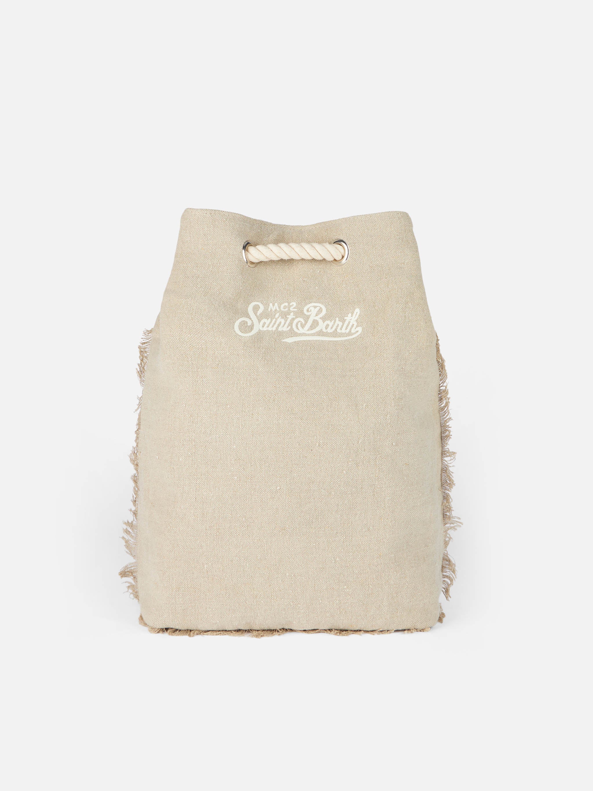 Beige Boat Linen Backpack | High-Quality Linen, Rustic Wood Strings, Leather Details, Embroidered Logo | Stylish & Practical Design | MC2 Saint Barth