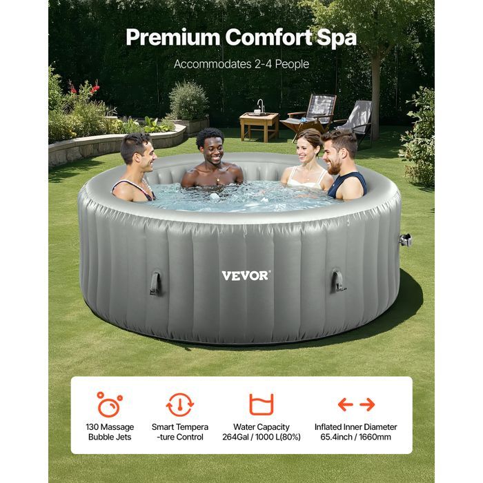 Spa Gonflable Rond-VEVOR-Capacité 4-6 Personnes-Bains à Remous d’Extérieur Portable 208x66 cm-PVC-Gris