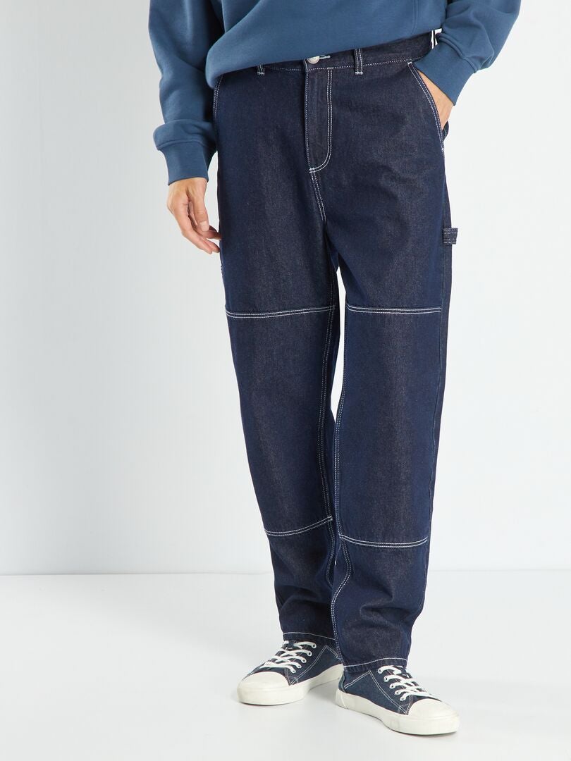 Calça jeans de perna larga com costura contrastante - AZUL