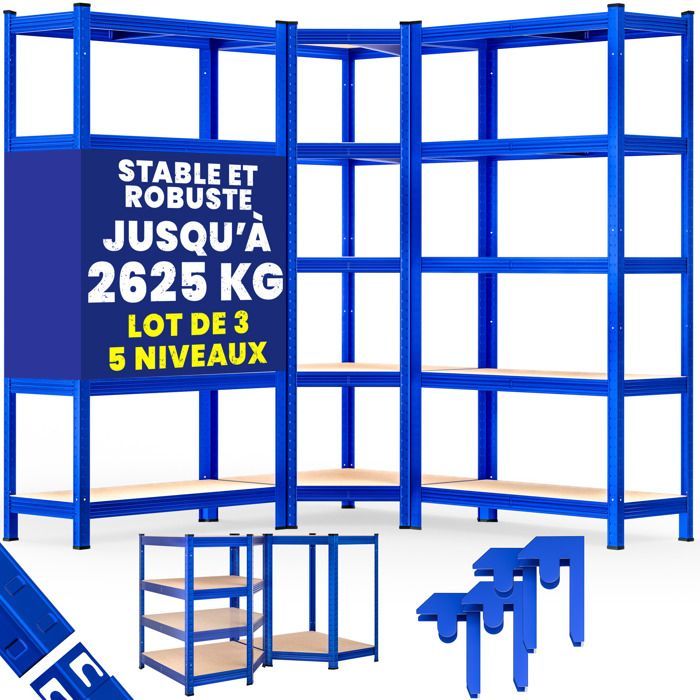 MONZANA® Juego de 3 estanterías de alta resistencia, 5 niveles, color azul, estantería metálica modular, capacidad de 2625 kg, estantería de esquina para garaje o taller.