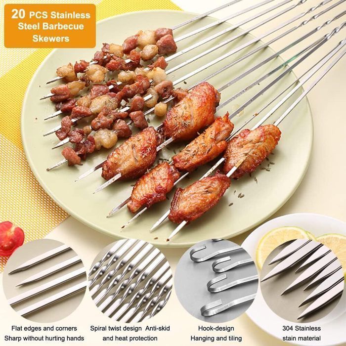 Lot de 20 Brochettes pour Barbecue en Acier Inoxydable - 30cm avec 2 Pinceaux à Huile - Réutilisables Accessoire Barbecue