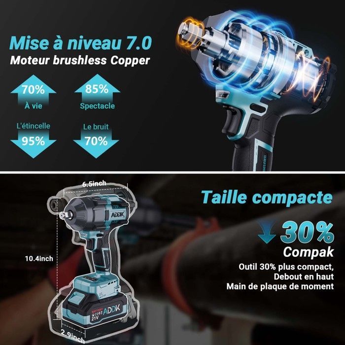 Chave de impacto elétrica sem fio de 21V com motor sem escova, torque máximo de 1600Nm, baterias de íon de lítio de 4000mAh, azul claro.