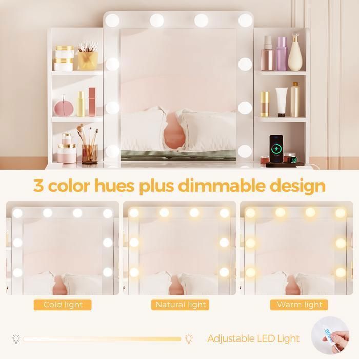 BEWISHOME Coiffeuse Blanc avec Miroir LED, Plateau en Verre, 9 Tiroirs de Rangement, 2 Ports USB et 2 Prises, 105 x 40 x 140 cm