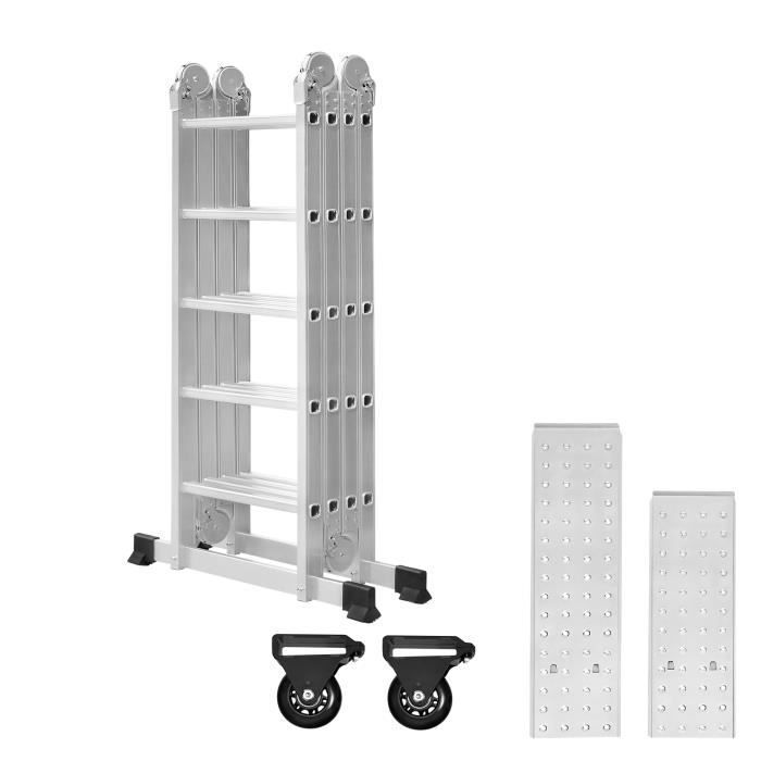 Escalera multifuncional de aluminio LILIIN 6 en 1, 4 x 3 peldaños con 2 ruedas y plataforma, carga máxima 150 kg, 550 cm