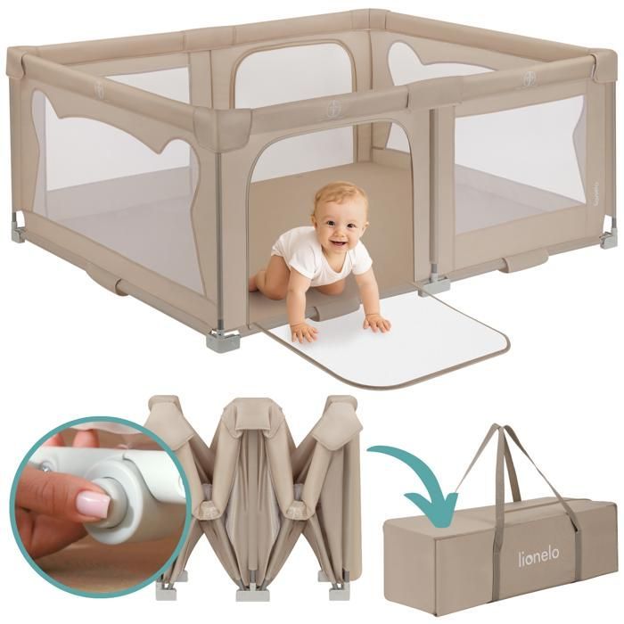Parque infantil de 180x150 cm - LIONELO Florence - Montaje muy rápido - Espacio extragrande - Para interior/exterior - Bolsa incluida - Beige