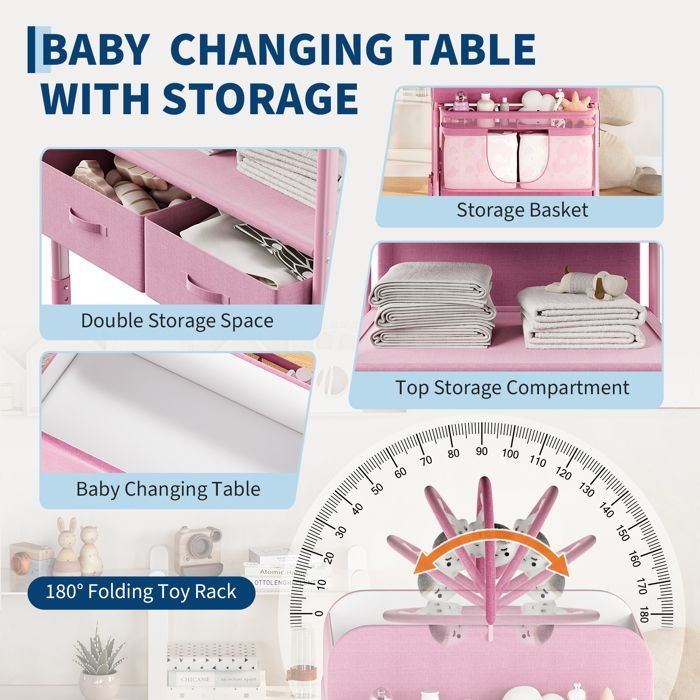 Cambiador portátil con 2 cestas de almacenamiento - Cómoda plegable regulable en altura con ruedas - para bebés - Rosa