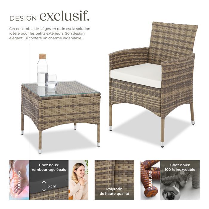 Muebles de jardín - TECTAKE - Conjunto de salón de exterior LUCERNE para 2 personas con mesa y 2 fundas - Marrón natural