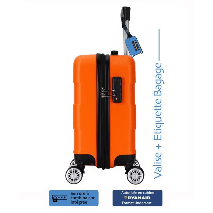 Maleta de cabina Ryanair 40x30x20 cm – ABS rígido y ligero – 4 ruedas dobles extraíbles – Naranja – Carrito ADC – Etiqueta de equipaje gratuita