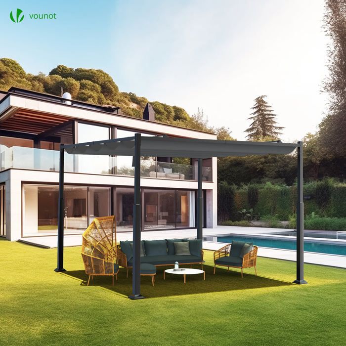 Pérgola retráctil VOUNOT® de 3x3 m en metal y tejido de poliéster de alta densidad de 180 g/m², color gris.
