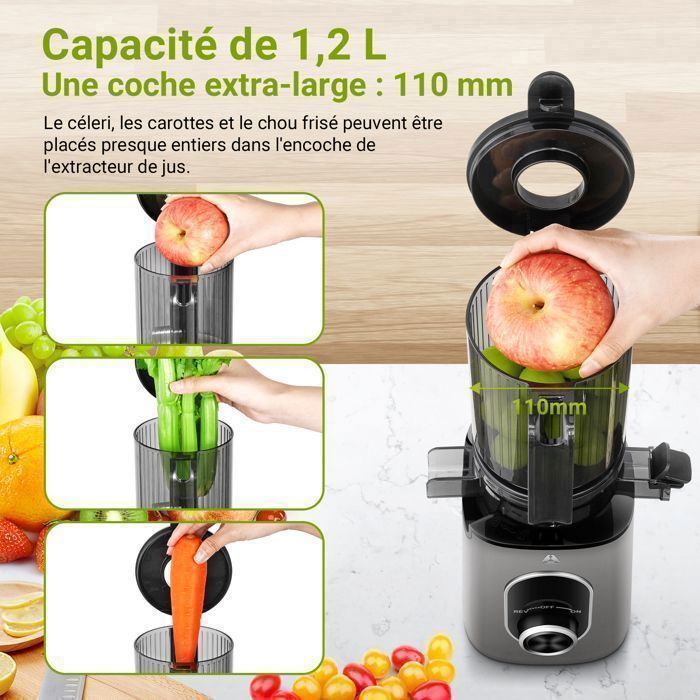 AOBOSI Extracteur de Jus Slow Juicer Ouverture de 110mm Facile à Nettoyer Sans BPA Extracteur Jus pour Fruits et Légumes