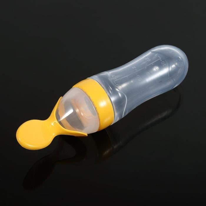 Biberon in silicone da 90 ml con cucchiaino e bustina di cereali freschi (giallo) - HEN