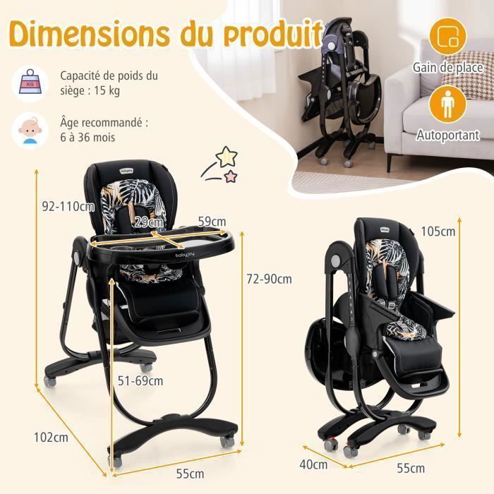 Silla alta plegable para bebé COSTWAY con respaldo reclinable, altura ajustable, bandeja extraíble sin BPA, apta para bebés de 6 meses en adelante, 4 ruedas giratorias, color negro.