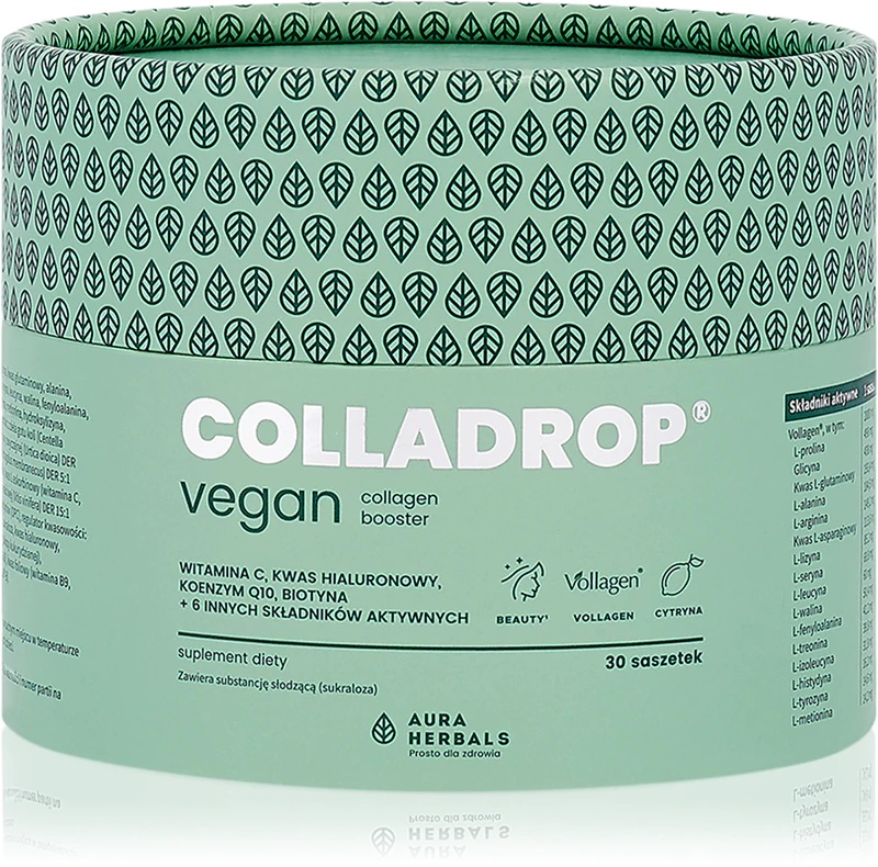 „Aura Herbals Colladrop“ – veganiškas kolageno stipriklis, maisto papildas, skirtas gražiems plaukams, odai ir nagams.