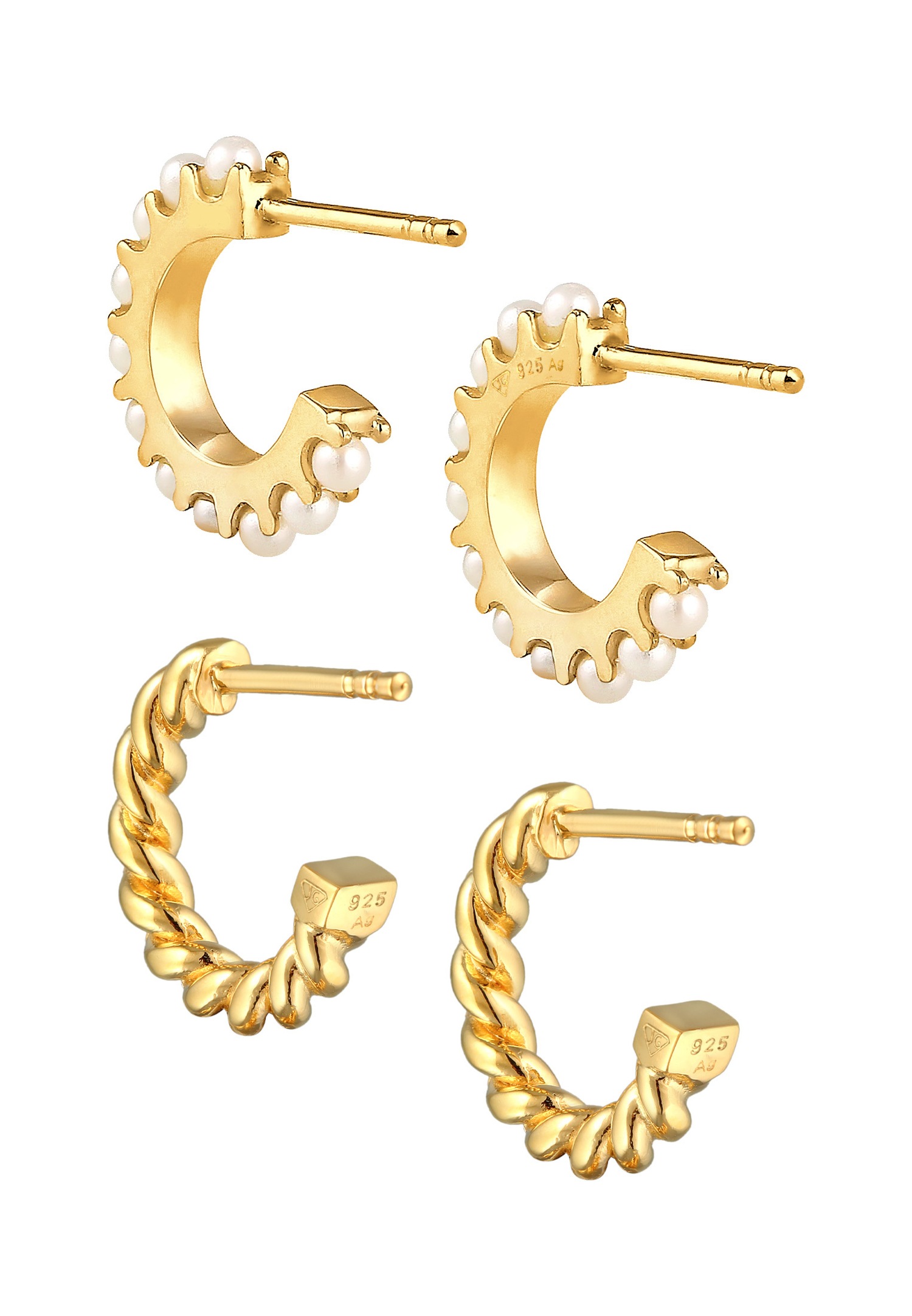 Elli Femmes Créoles Perles Cordon Set en argent sterling 925 plaqué or