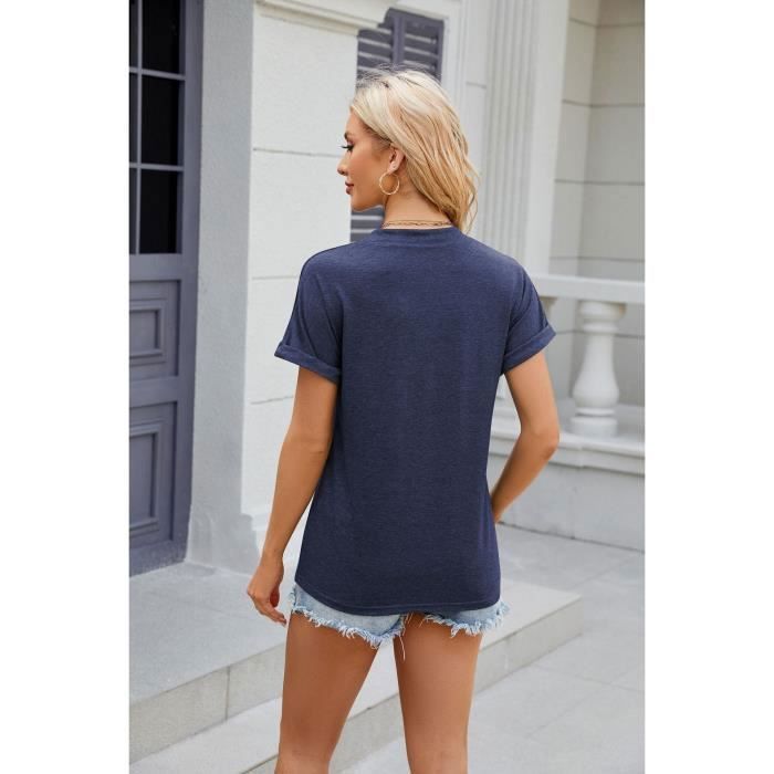 T-shirt da donna - INSFITY - Scollo a V con bottoni - Maniche corte - Blu navy