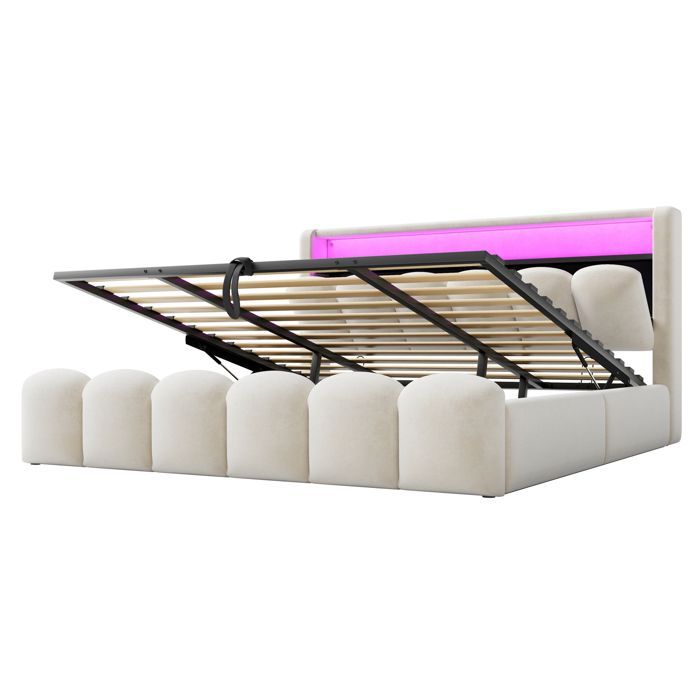 Cama tapizada con almacenamiento 180x200 - USB + Tipo-C - Con luz LED - Terciopelo - Beige (colchón no incluido)