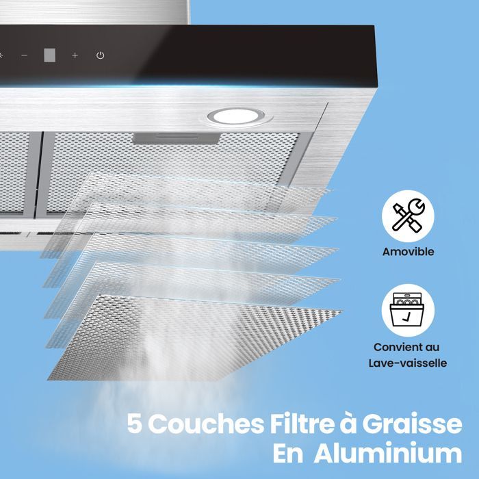 Exaustor de cozinha Comfee de 60 cm com controle por toque - 650 m³/h - Classe energética A+++ - 4 velocidades - Filtro de carvão ativado - Visor LED - Aço inoxidável preto