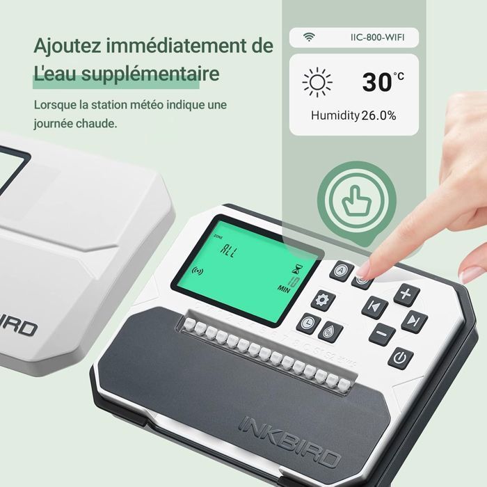 Temporizador de riego Wi-Fi INKBIRD IIC-800-WIFI, 8 zonas, automático, control por aplicación, 4 opciones de ciclo de riego, pantalla LCD