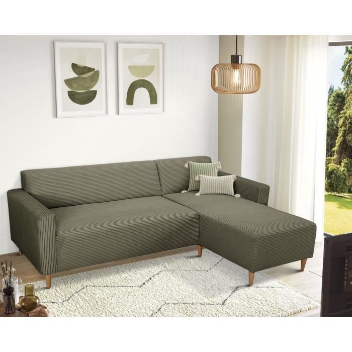 Sofá de canto fixo reversível - 4 lugares - BOB - Veludo cotelê cáqui - 197 x 138 x 65 cm