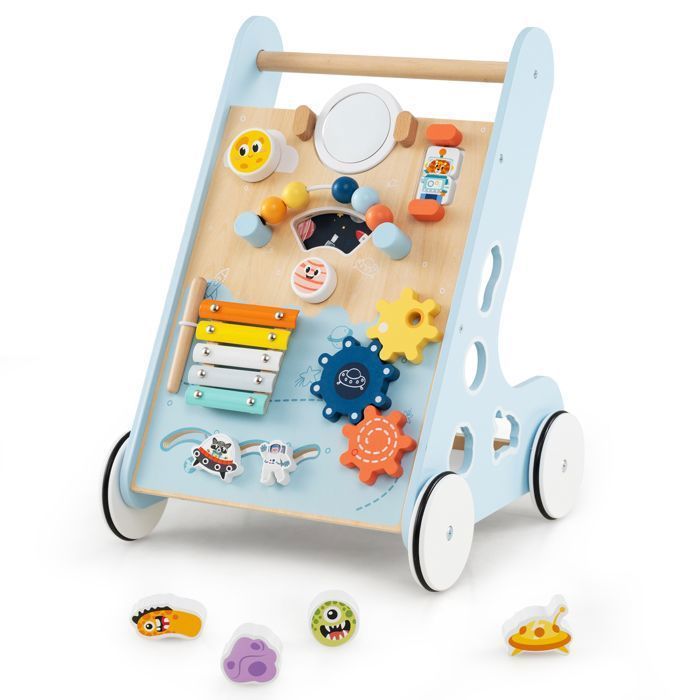 Andador de madera para bebé DREAMADE, andador Montessori con espejo, espacio de almacenamiento y juguete educativo, azul claro.