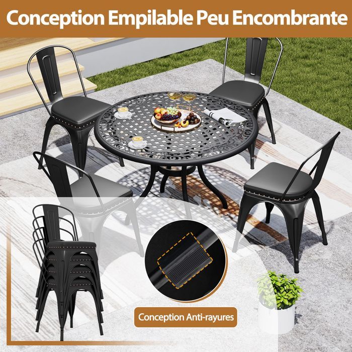 Lot 4 Chaises à Manger Empilables en Métal - COSTWAY - Dossier Amovible - Assise Rembourrée en Cuir Faux - 53 x 44 x 84 cm Noir