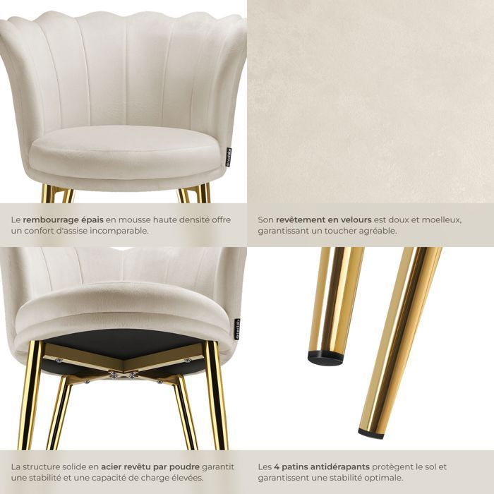 Stoel - TECTAKE - STELLA gestoffeerde bureaustoel met bloemvormige rugleuning en fluwelen bekleding, 67 x 64 x 76 cm - Crème/Goud